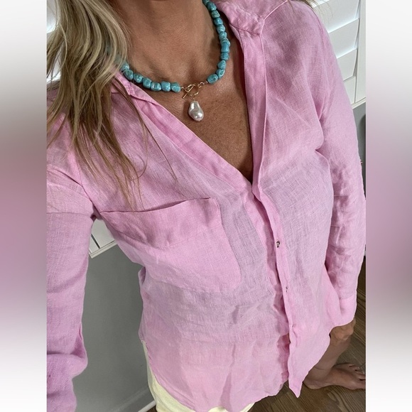Zara Womens Small 100% Linen Pink Gold Long Sleeve Button Up Shirt Summer Beach - Picture 1 of 16